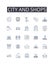 City and shops line icons collection. Express, Reliable, Punctual, Secure, Efficient, Timely, Professional vector and