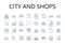 City and shops line icons collection. Urban area, Downtown, Metropolis, Business district, Shopping center, Retail hub