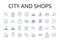 City and shops line icons collection. Urban area, Downtown, Metropolis, Business district, Shopping center, Retail hub