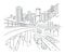 City sketch. Building architecture landscape panorama. Skyscrapers view. Street, road. Highway, transport. Hand drawn