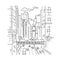 City sketch. Building architecture landscape panorama. Street, road skyscrapers view. Highway, transport. Hand drawn