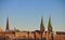 City skyline of Bremen, Germany in the evening light with the spires of St. Peter`s Cathedral and the Church of our Lady