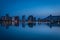 City skyline of Calpe reflected in the salt lake at dusk, Alicante, Spai