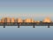 City Skyline cityscape, bridge, building, sunset, town, river