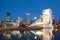 City skyline at dusk from the harbor, Cleveland