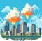 City skyline with explosions and smoke over buildings. Catastrophe or attack concept in urban area. Danger in the city