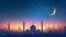 City skyline featuring a mosque and minarets beneath a starry night sky adorned by the moon, Ramadan