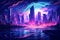 City skyline with futuristic buildings emanating vibrant waves, Nighttime urban scene with pulsating lights