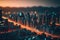 City skyline with network data conection on bokeh sunset background. Technology internet and business concept. Generative AI