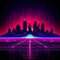 City skyline, purple and magenta neon on black background, 80s, AI generative image