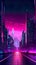 City skyline, purple and magenta neon on black background, 80s, AI generative image