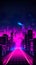 City skyline, purple and magenta neon on black background, 80s, AI generative image