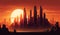 City skyline at sunset with silhouettes, skyscrapers ,generative AI