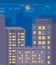 City skyline vector illustration. Urban landscape. Night time cityscape flat style with moon in sky