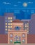 City skyline vector illustration. Urban landscape. Night time cityscape flat style with moon in sky