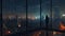 the city skyline from a window perspective late at night, featuring a solitary figure gazing out from a tall building