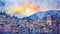 City on the slope of a mountain watercolor image, mosaic style.