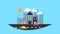 A city, a small city hanging in the air in a flat style with houses with a sloping tile roof, cars, trees, birds, clouds, sun, roa