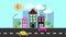 The city, a small town in flat style with houses with a sloping tile roof, cars, trees, birds, clouds, sun, road, lantern on a blu