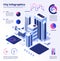 City smart infographic. Urban digital innovation future office futuristic architecture skyscraper smart cities vector