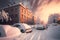 City after snowfall and blizzard. Cars covered with snow up to the very roof are parked on a snow AI Generated