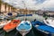 City of Split with colorful fishing boats in harbor, Dalmatia, Croatia. Waterfront view of fishing boats at mediterranean scenery