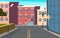 City street cartoon. Urban structure buildings crossroad vector panoramic outdoor picture