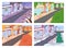 City street with different seasons flat color vector illustrations set