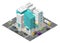 City street district quarter. Isometric town and road around. Cars traffic and buildings 3d. Bank building suite apartments.