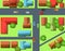 City street. Fragment of small town. Top View from above. Cartoon cute style illustration. Cars drive along asphalt road