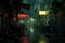 A city street illuminated by the glow of a neon sign, creating a vibrant and energetic scene, A dark, rain-soaked alleyway in a