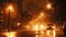 City street illuminated at night under hazy earthquake aftermath
