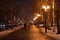 City street lit by lanterns in the night.