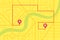 City street map plan with GPS pins and navigation route from A to B point markers. Vector yellow color illustration