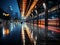 a city street at night with a train passing by