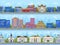 City street panorama. City road streets cityscape, town buildings, bank, school and shopping mall exterior vector