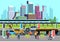 City street people and transport. Car bus bike motorcycle and persons. Transportation concept, city vector background