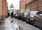 City street, Petersburg, people walking on sidewalk, cars parked
