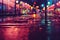 City streets after heavy rain background of wet asphalt with neon night light, shadow and reflection on road. Soft focus