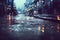 City streets after heavy rain background of wet asphalt with neon night light, shadow and reflection on road. Soft focus