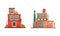 City or Suburban Buildings Set, Brick Residential House and Industrial Building Flat Vector Illustration