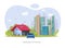 City suburban landscape with small family house vector illustration graphic, town cityscape suburb with house yard and car on