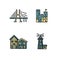 City symbols vector set with casle, lighthouse, houses and brige.
