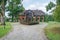 City Talsi, Latvia. Old red brick house and park