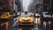 The City Taxi and cars in street traffic in City. Rain in The City. Generative AI