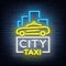 City taxi neon logos concept template. Luminous signboard on the theme of transportation of passengers. Neon signs