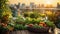 City Terrace Garden with Vegetables Overlooking Urban Cityscape. Generative ai