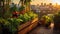 City Terrace Garden with Vegetables Overlooking Urban Cityscape. Generative ai