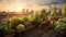City Terrace Garden with Vegetables Overlooking Urban Cityscape. Generative ai