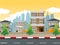 City Town Situation Landscape View With Road Cartoon Vector Illustration Isolated